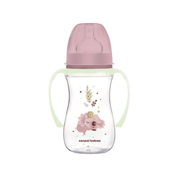 Biberon anticolici Canpol babies EasyStart Sleepy Koala 240 ml cu mânere fosforescente, roz