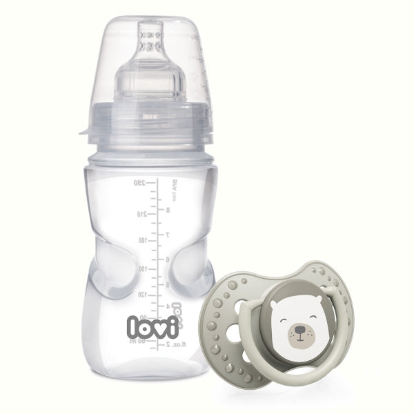 Lovi Set Biberon Medical 250ml + Suzeta Dinamica Din Silicon Buddy Bear 3-6Luni, 0205Exp